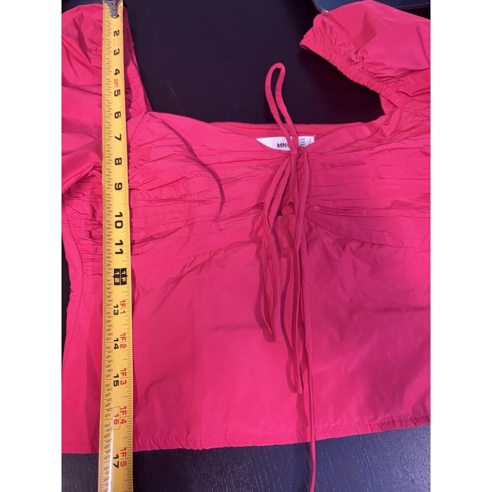 MANGO Hot Pink Ruched Crop Top Small NWT Fitted Y2K Chic Puff Sleeve Barbiecore - Picture 15 of 16